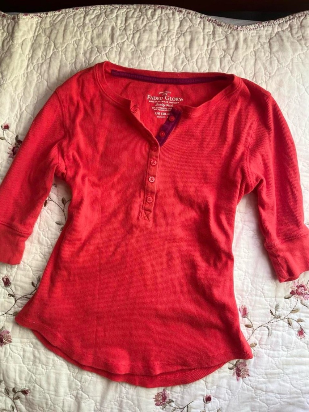Faded Glory Red Waffle 3/4 Sleeve Henley Top